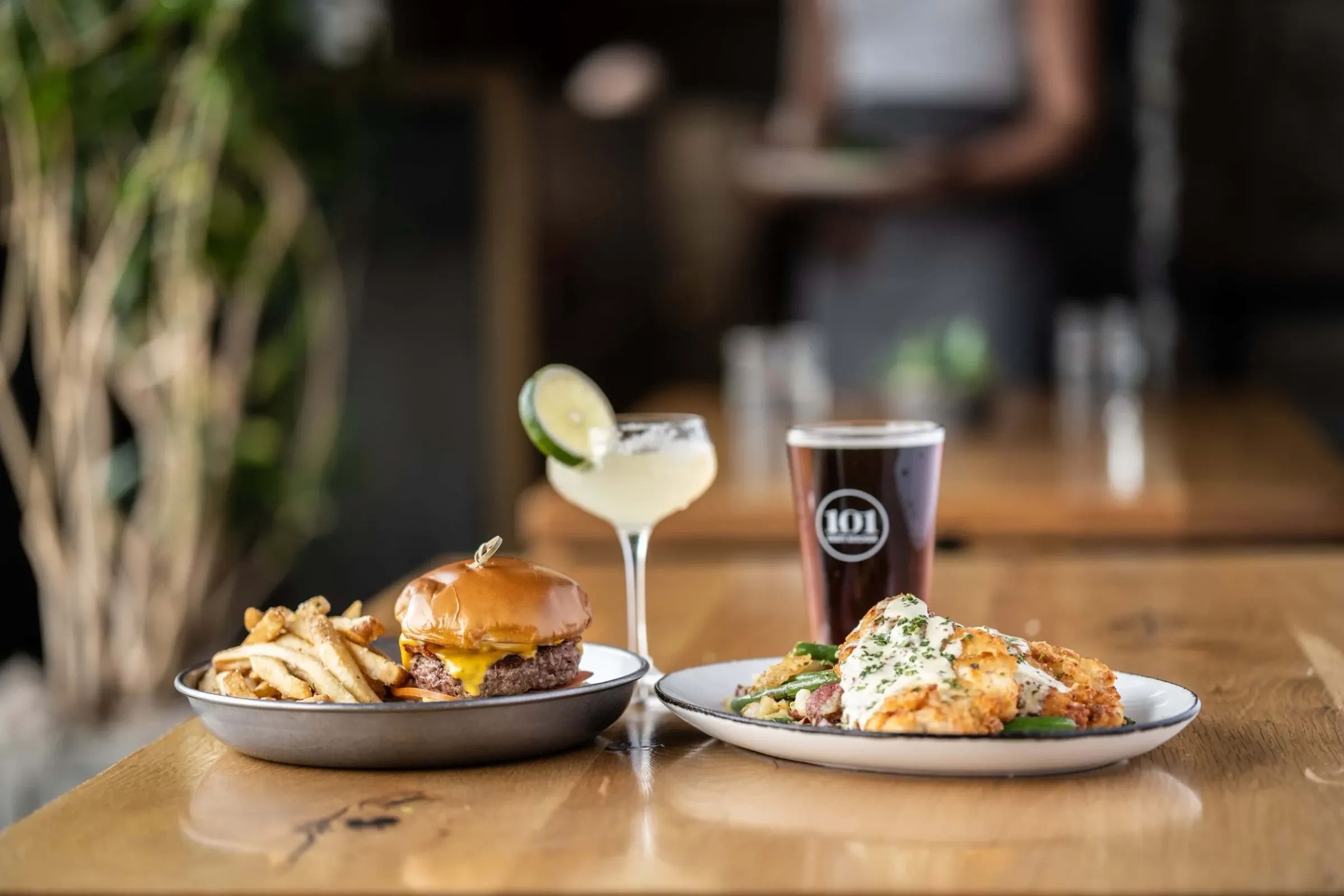 Burger, fries and drinks at 101 Beer Kitchen