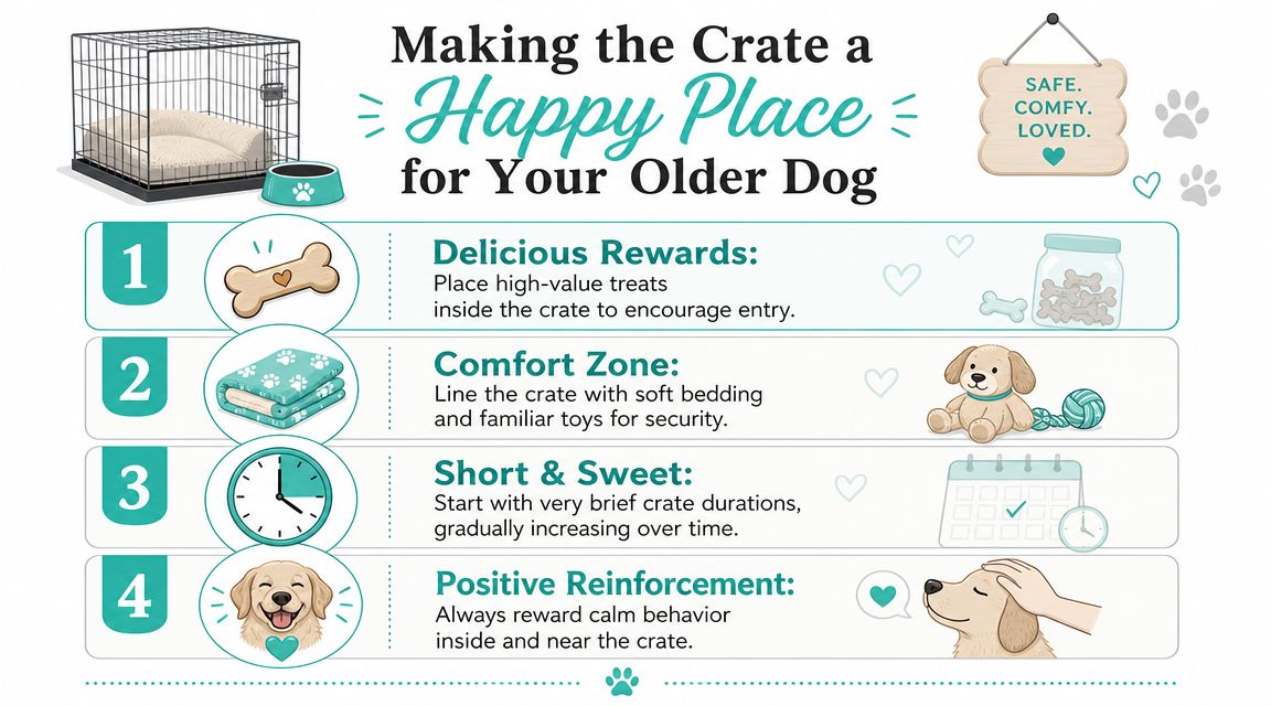 An infographic titled Making the Crate a Happy Place for Your Older Dog with four simple training tips.