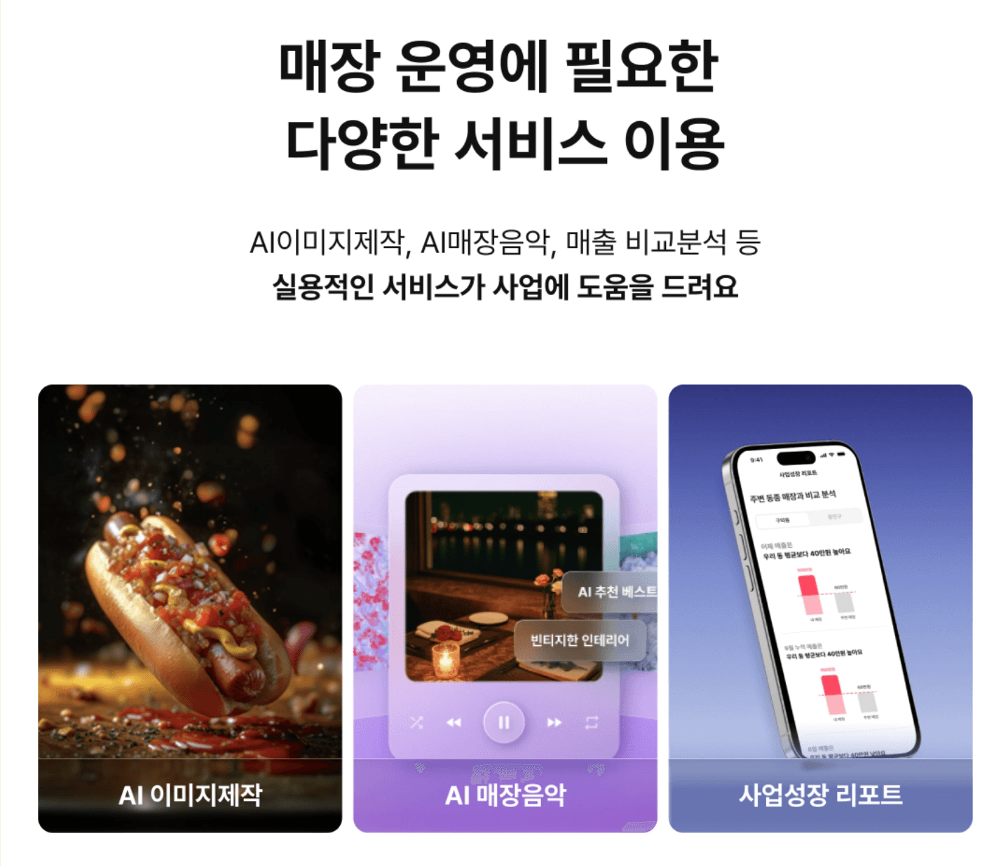 사장이지 앱의 AI 이미지 제작, AI 매장음악, 사업성장 리포트 세 가지 핵심 기능을 소개하는 화면입니다.