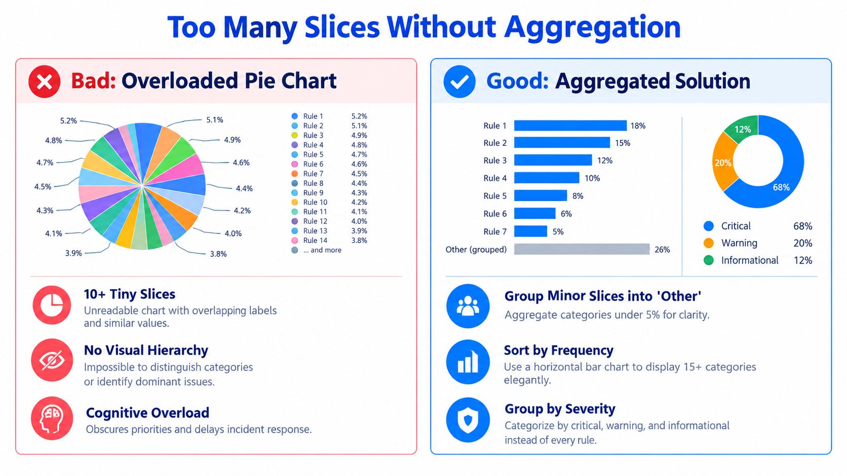 A comparison graphic showing an unreadable, overloaded pie chart versus an effective, aggregated bar chart and donut chart.