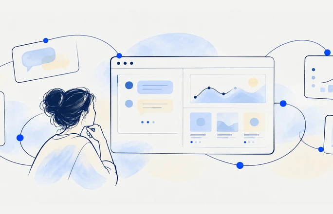 Where AI helps in fine navy linework with cobalt accents and pale watercolor washes.