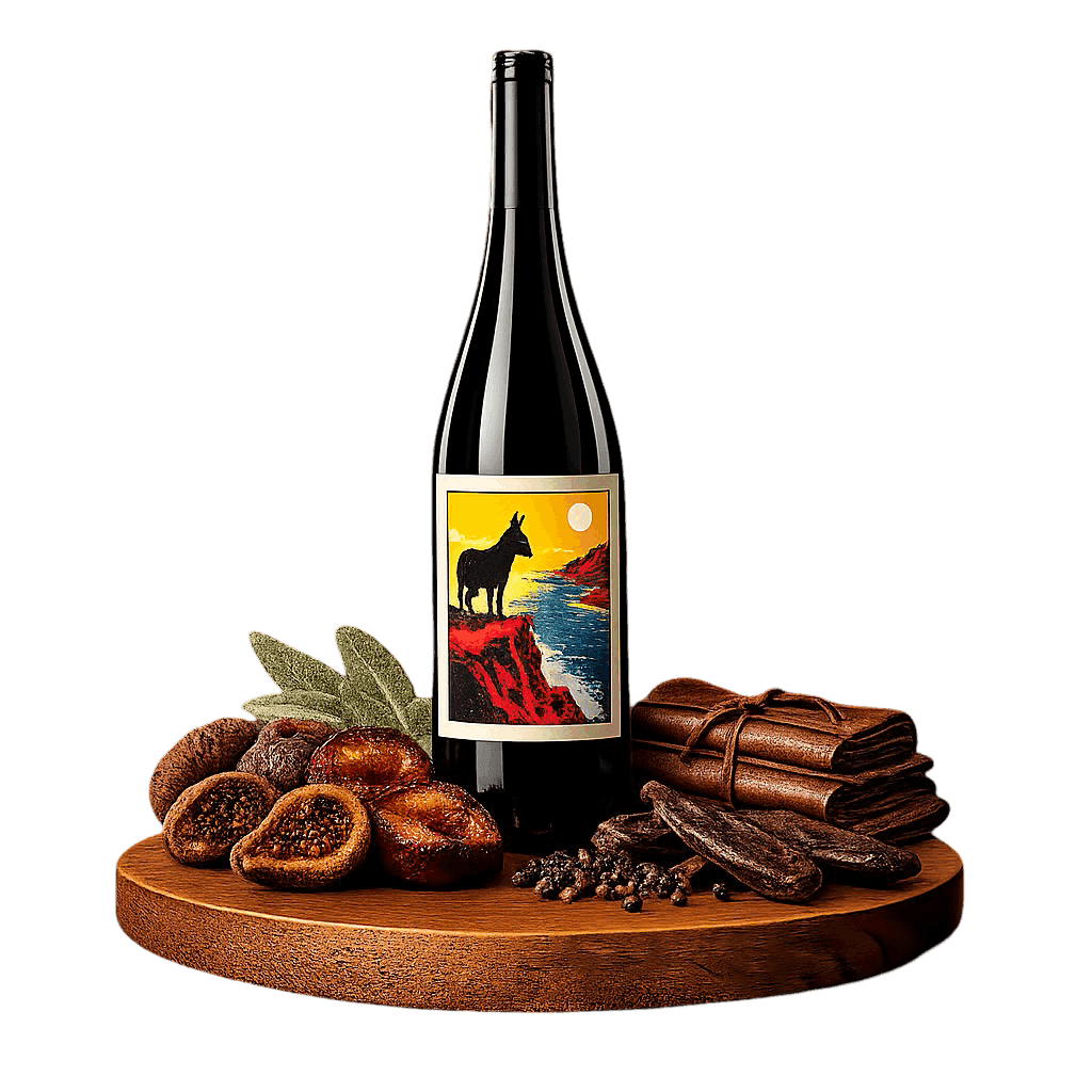 Artistic label and flavor profile for Peljesac Plavac Mali on a rustic wooden table.