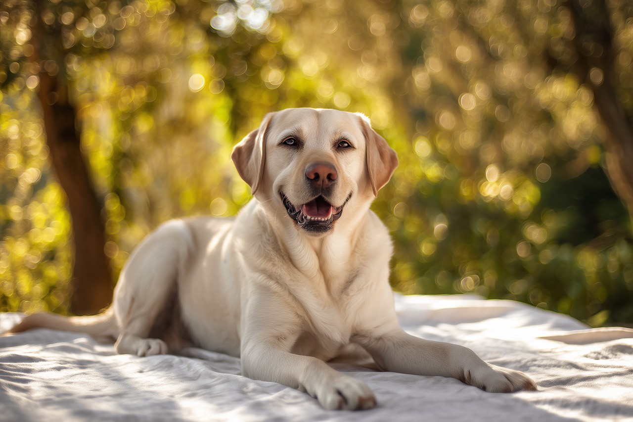Labrador felice e in salute sdraiato su una coperta all’aperto, simbolo di benessere dopo un’alimentazione mirata