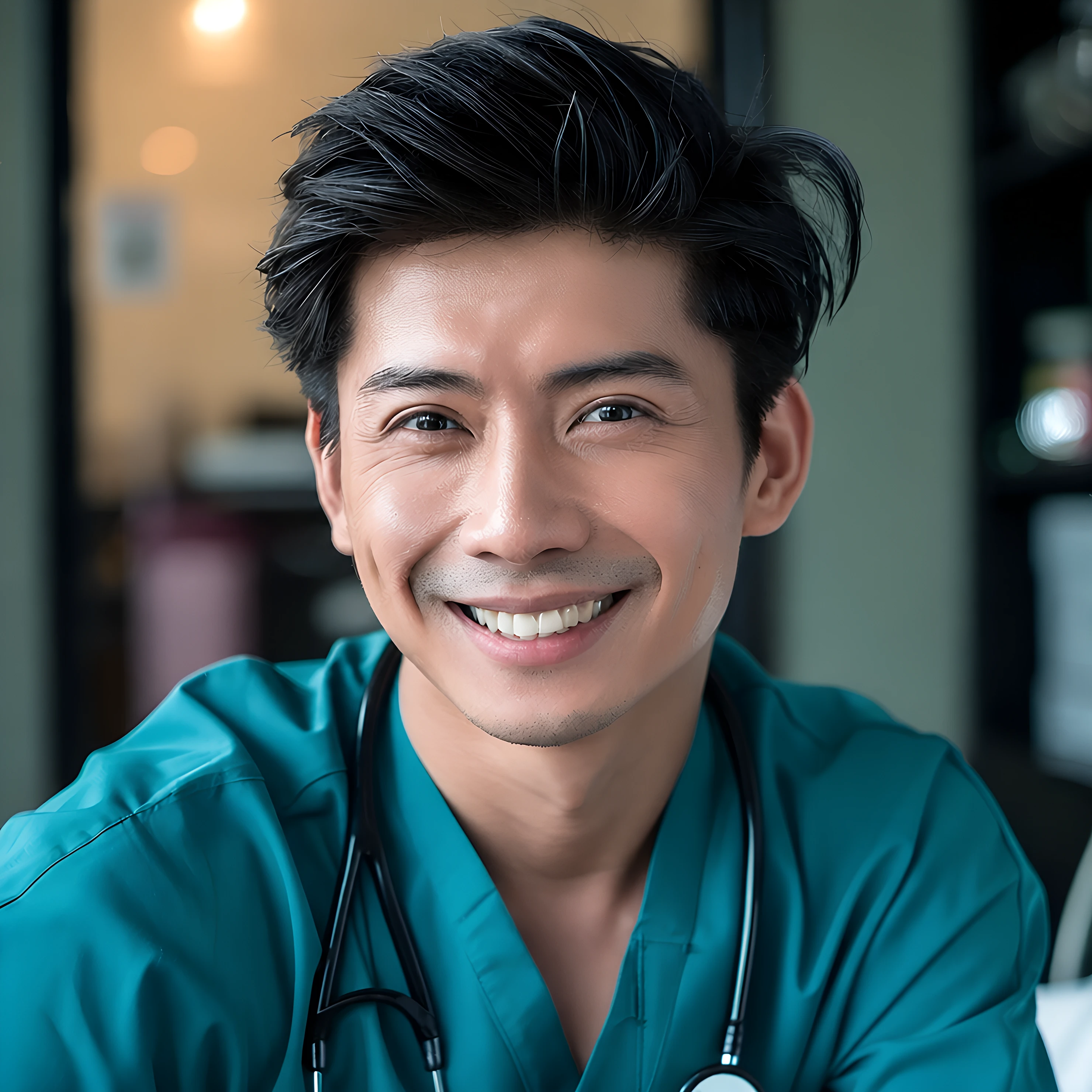 Portrait of a smiling male dentist wearing green scrubs in clinic office.