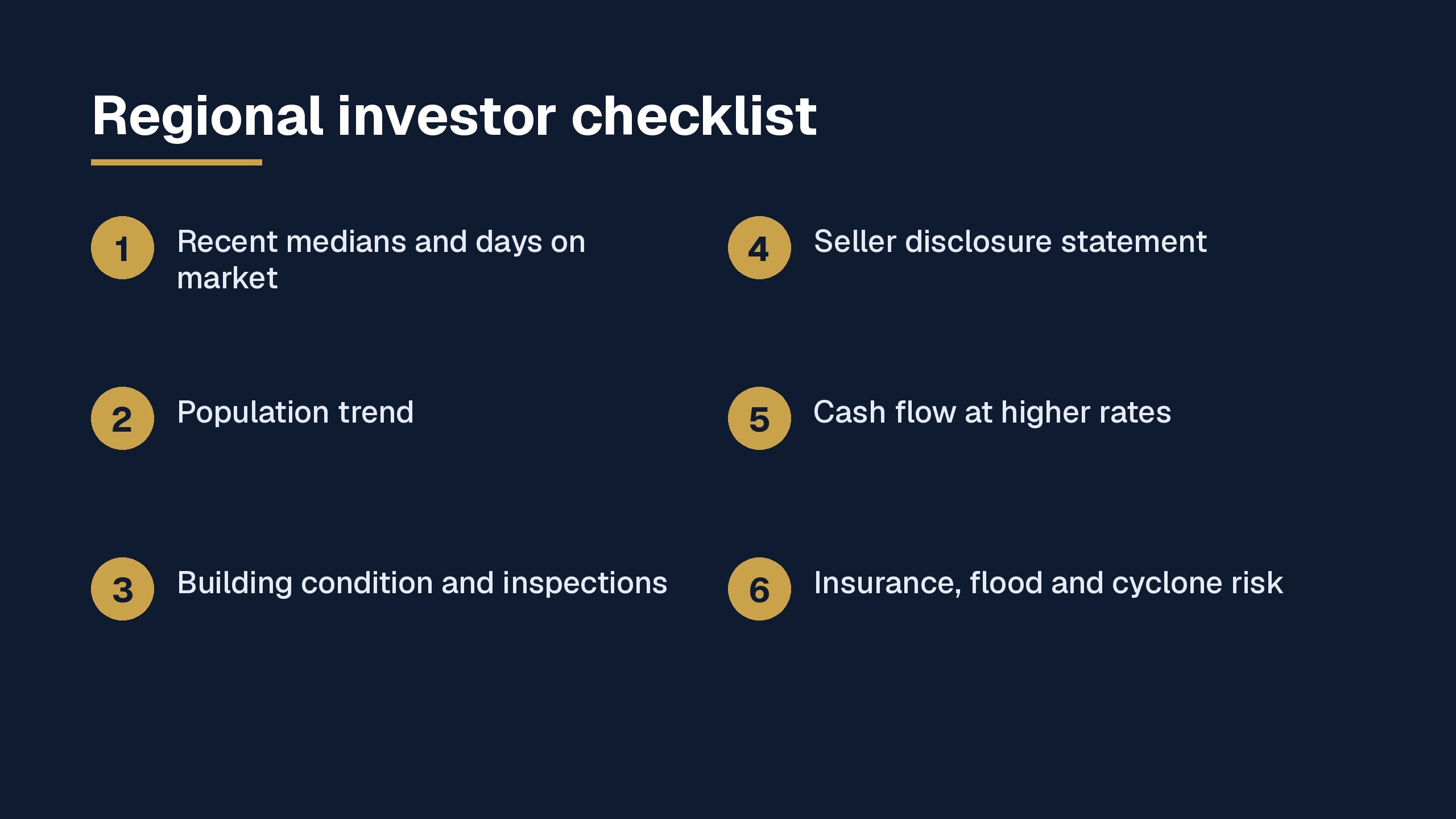 Graphic checklist of six checks for investing in regional Queensland under 550 thousand dollars