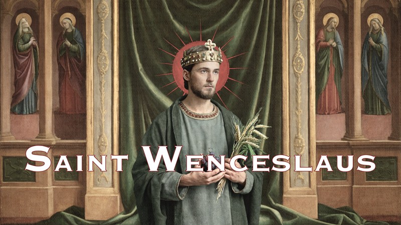 Sacred artwork by Faith and Verse. © Faith and Verse, 2025. All rights reserved.  Traditional Catholic saint portrait — Saint Wenceslaus of Bohemia holding grapes and barley, symbolizing eucharist, care for the poor and patronage of brewers. 