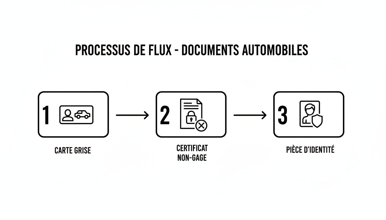 Illustration des étapes du processus de documents automobiles: carte grise, certificat de non-gage, et pièce d'identité.