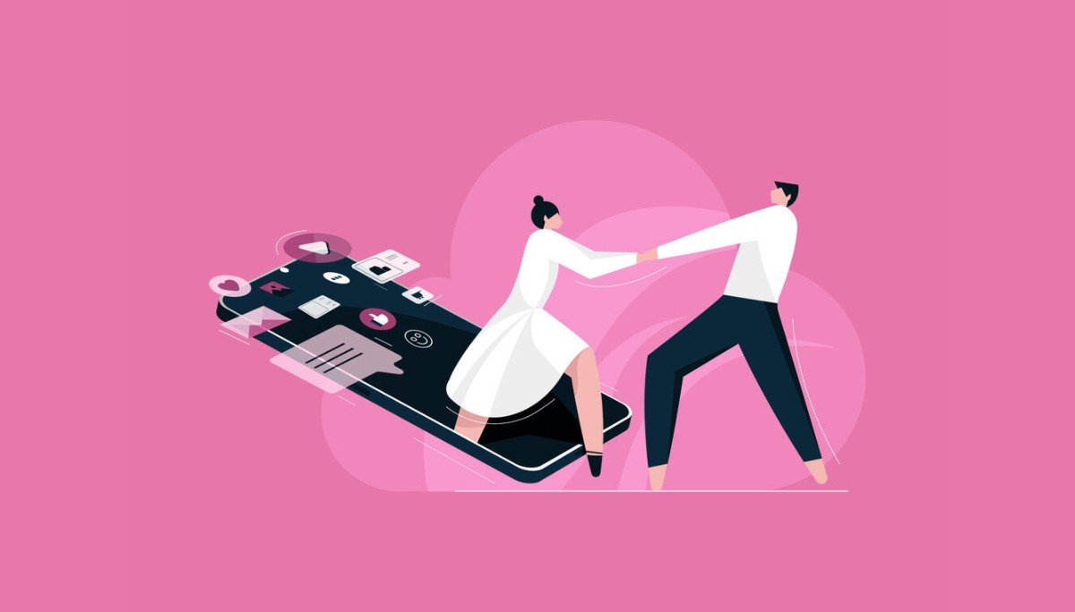 Illustration of a man and woman in a tug-of-war over a smartphone with digital icons.