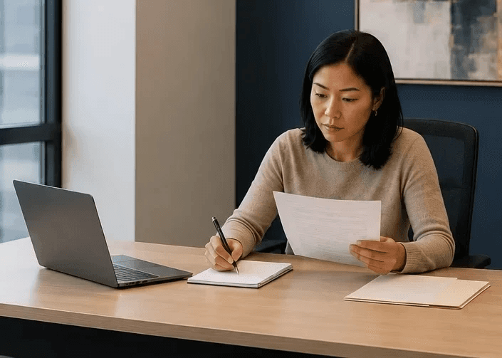 Client reviewing legal documents related to a provincial or municipal offence matter in a modern Ontario office before meeting with a paralegal.