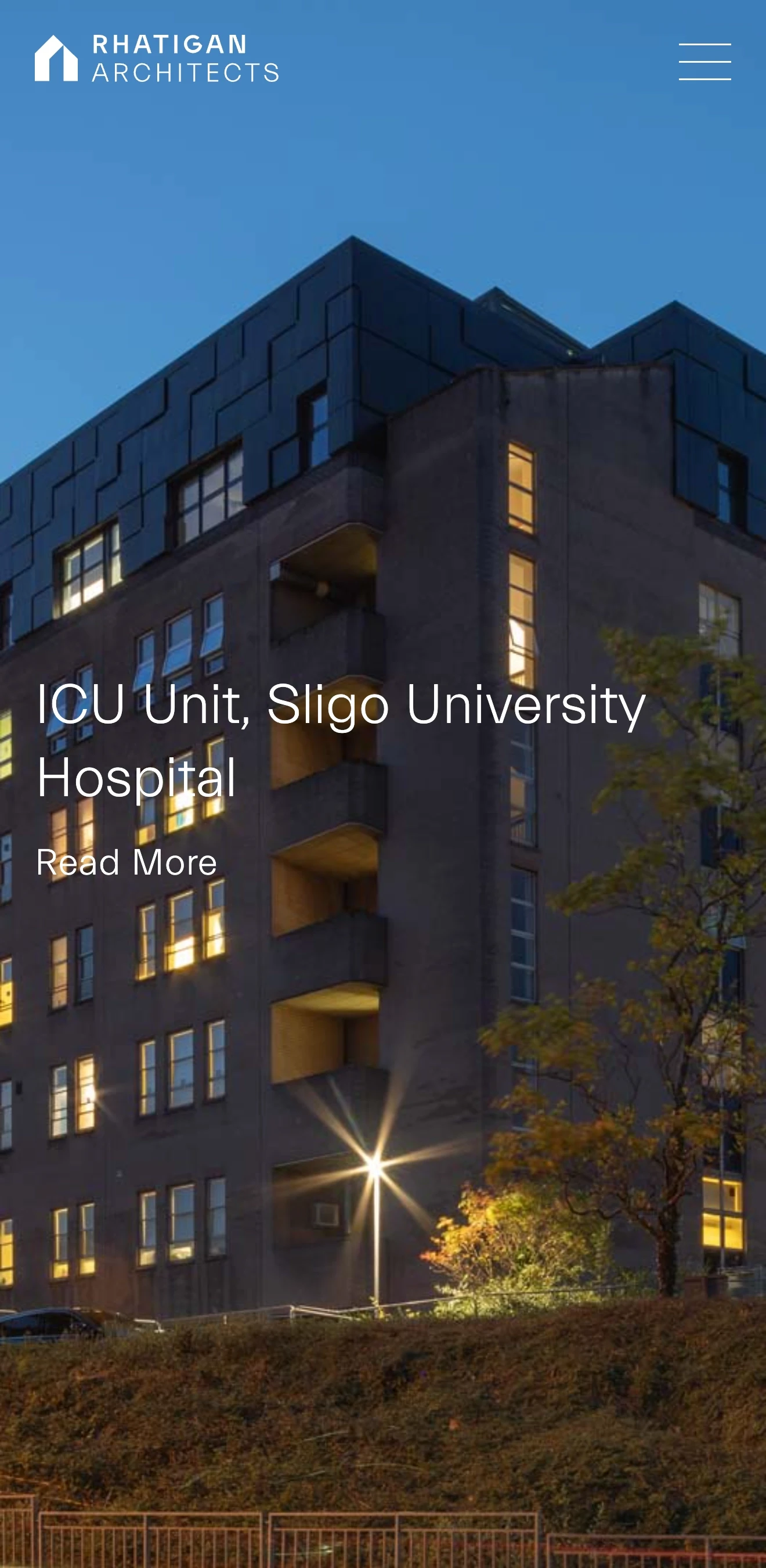 Mobile version of a project page landing section, showing the project over top an image of the building at dusk