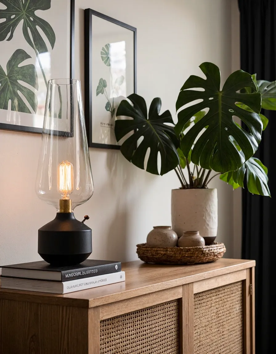 Minimalist wooden console table with modern glass lamp, monstera plant in white pot, decorative items on woven tray, and botanical artwork
