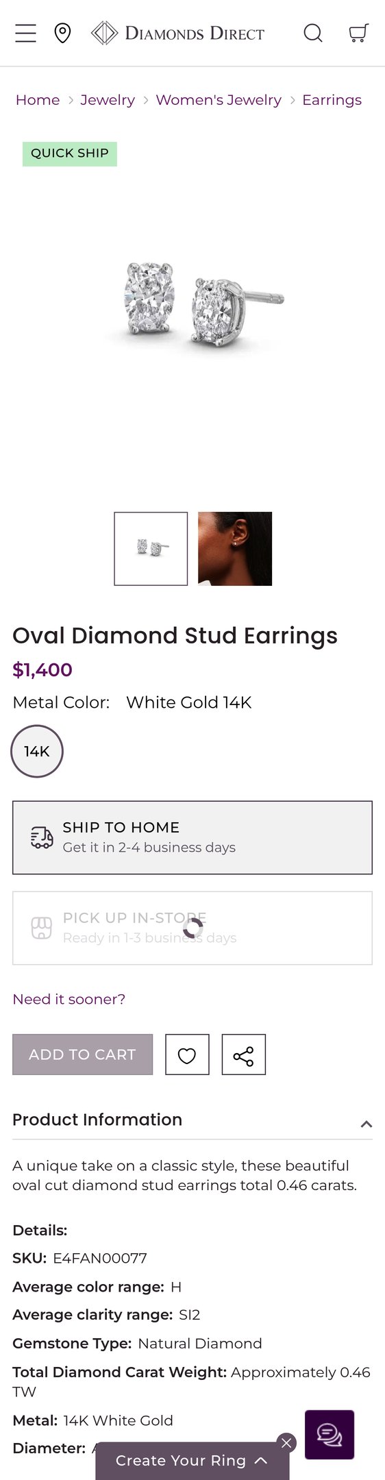 Jewelry product options include:  for Oval Diamond Stud Earrings from Diamonds Direct.