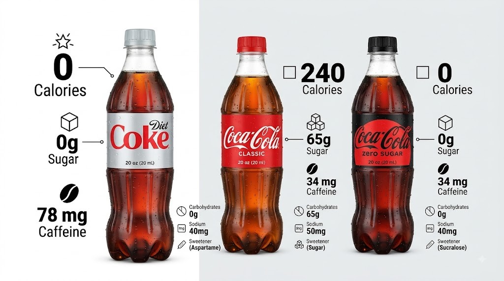 A comparative nutrition infographic showing side-by-side bottles of Diet Coke, Coca-Cola Classic, and Coca-Cola Zero Sugar, detailing calories, sugar content, and caffeine levels.