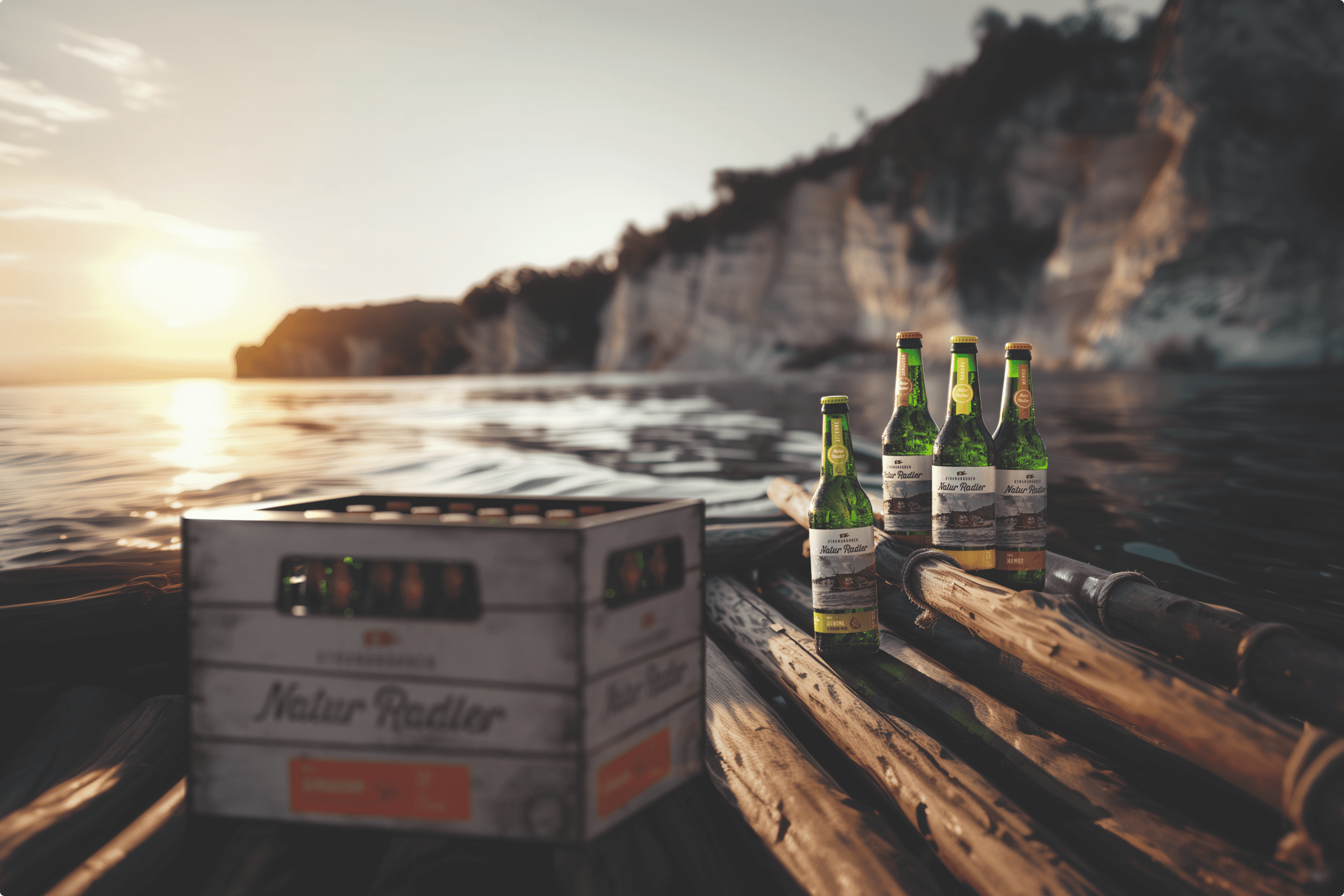 Natur Radler beer bottles and crate on a raft at sunset.