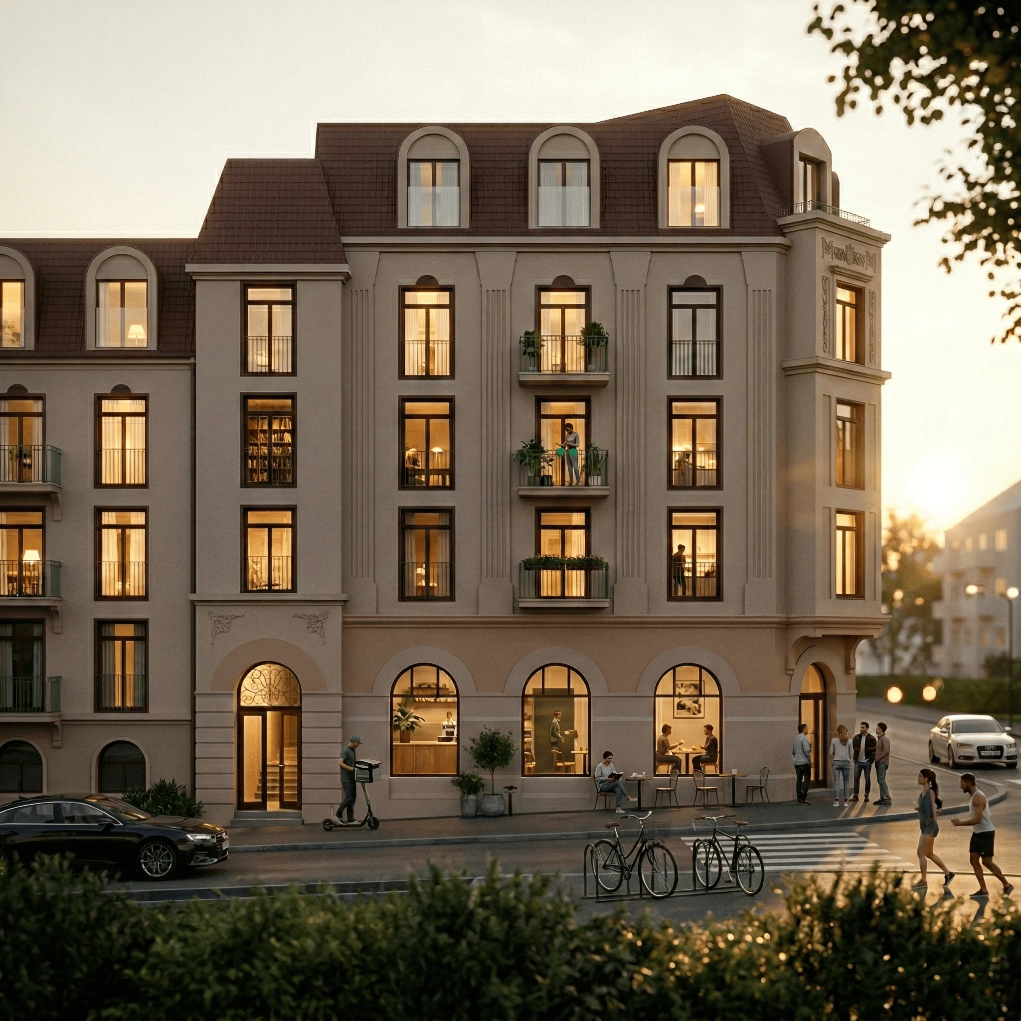 Klassisk boligfasade med balkonger langs en rolig bygategate, person på balkong