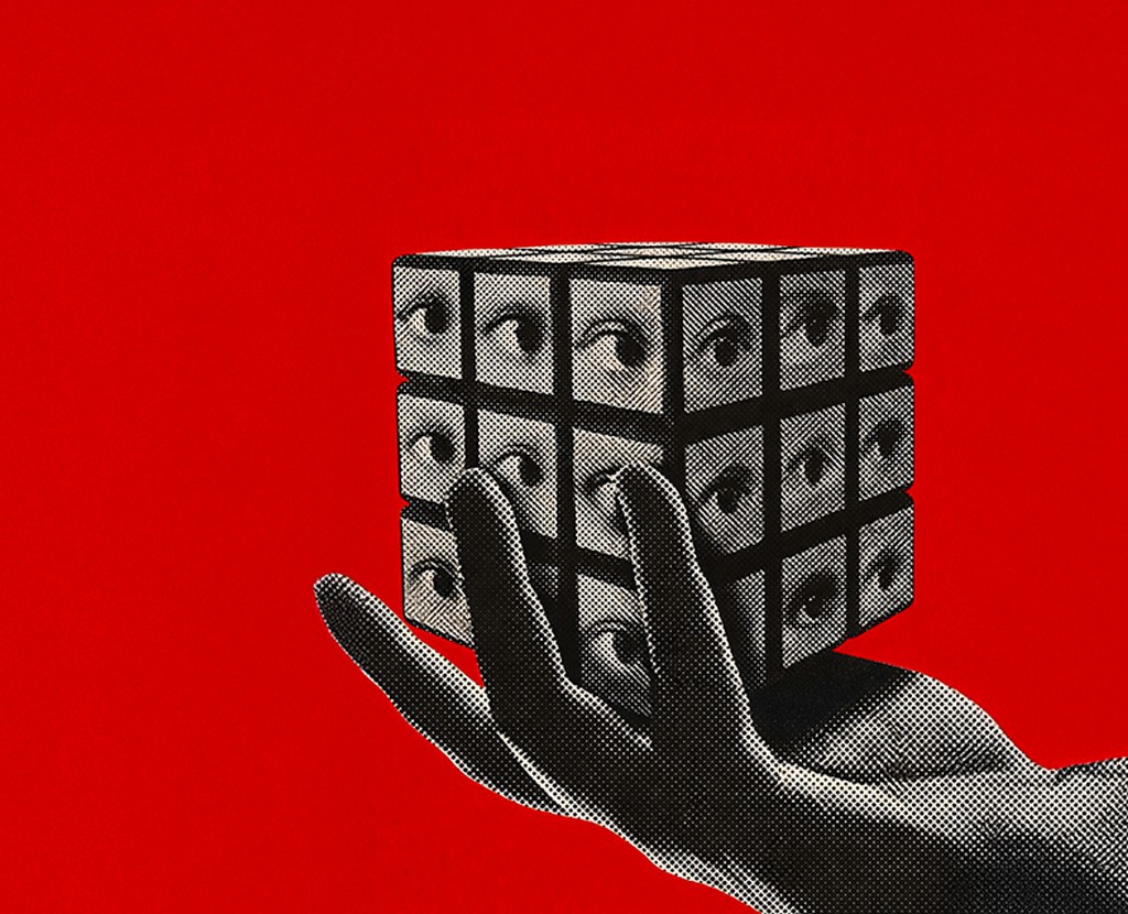 A stylized, high‑contrast illustration of a hand holding a cube resembling a Rubik’s Cube, except each square contains a black‑and‑white human eye. The background is solid red, creating a bold, surreal, and slightly unsettling visual effect.