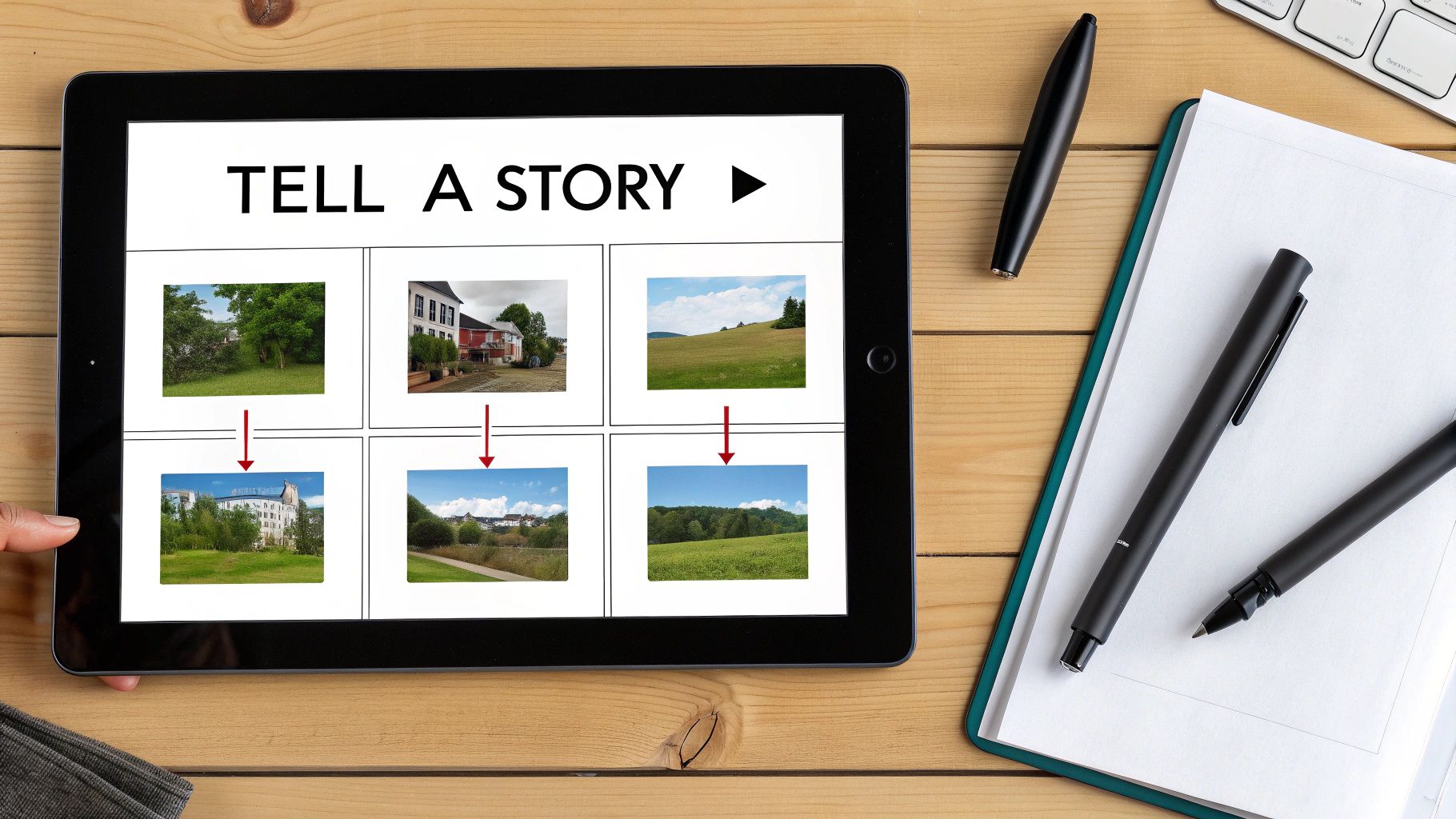 A hand touches a tablet displaying a 'TELL A STORY' app with image sequences, next to pens and a notebook.