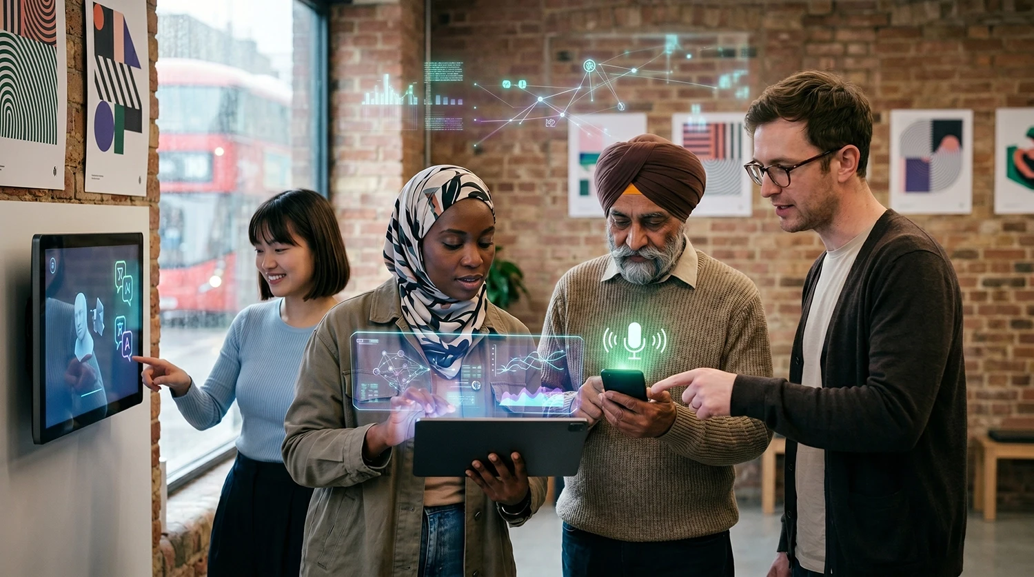 Multicultural professionals collaborating with AR technology and data visualizations for mediareach digital transformation strategies
