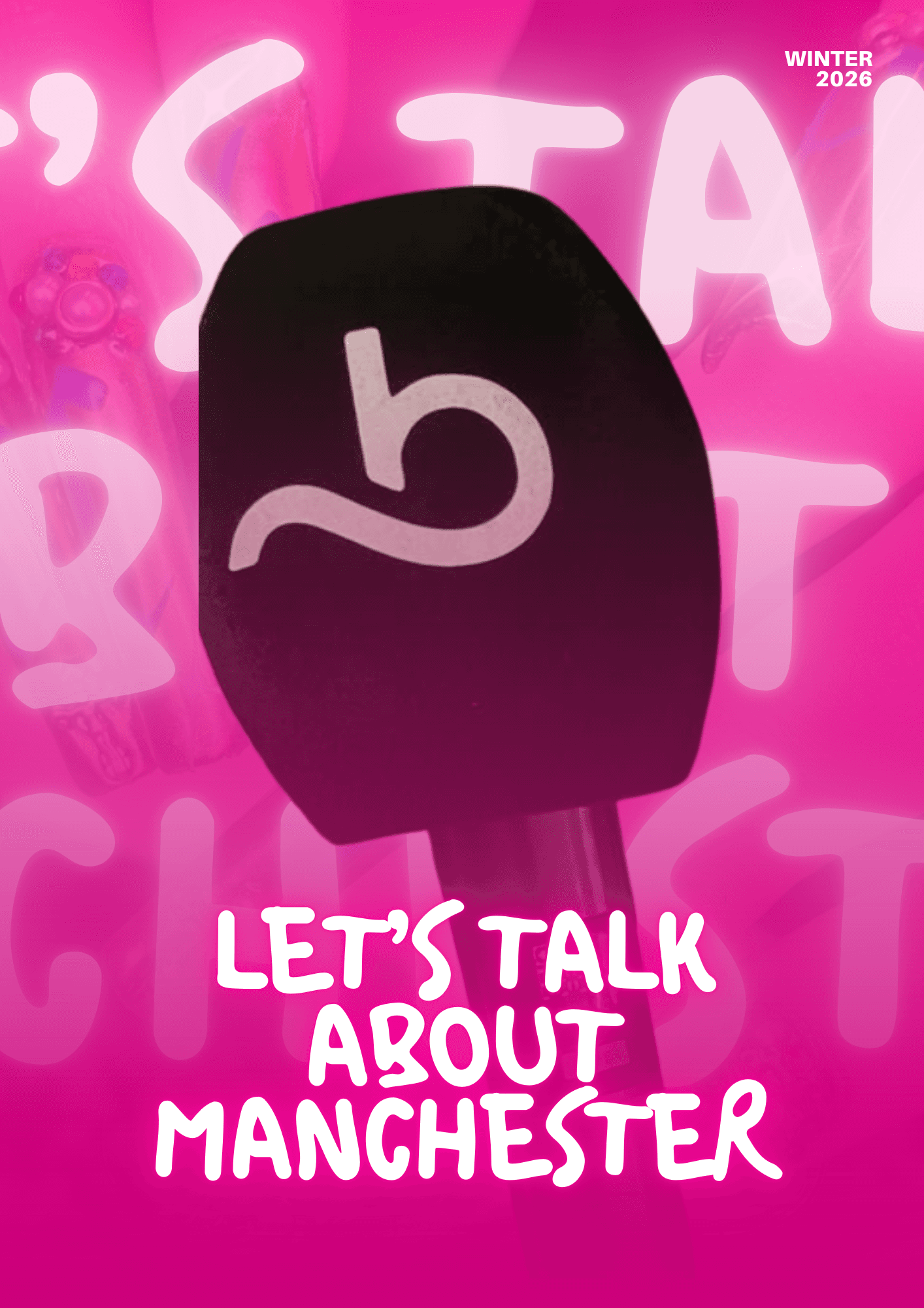 A digital graphic featuring a close-up of a black "Booksy" microphone over a pink-filtered background. Text reads: "LET’S TALK ABOUT MANCHESTER. WINTER 2026."