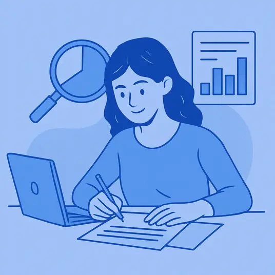 Illustration of a woman preparing a presentation with charts and data on a laptop.
