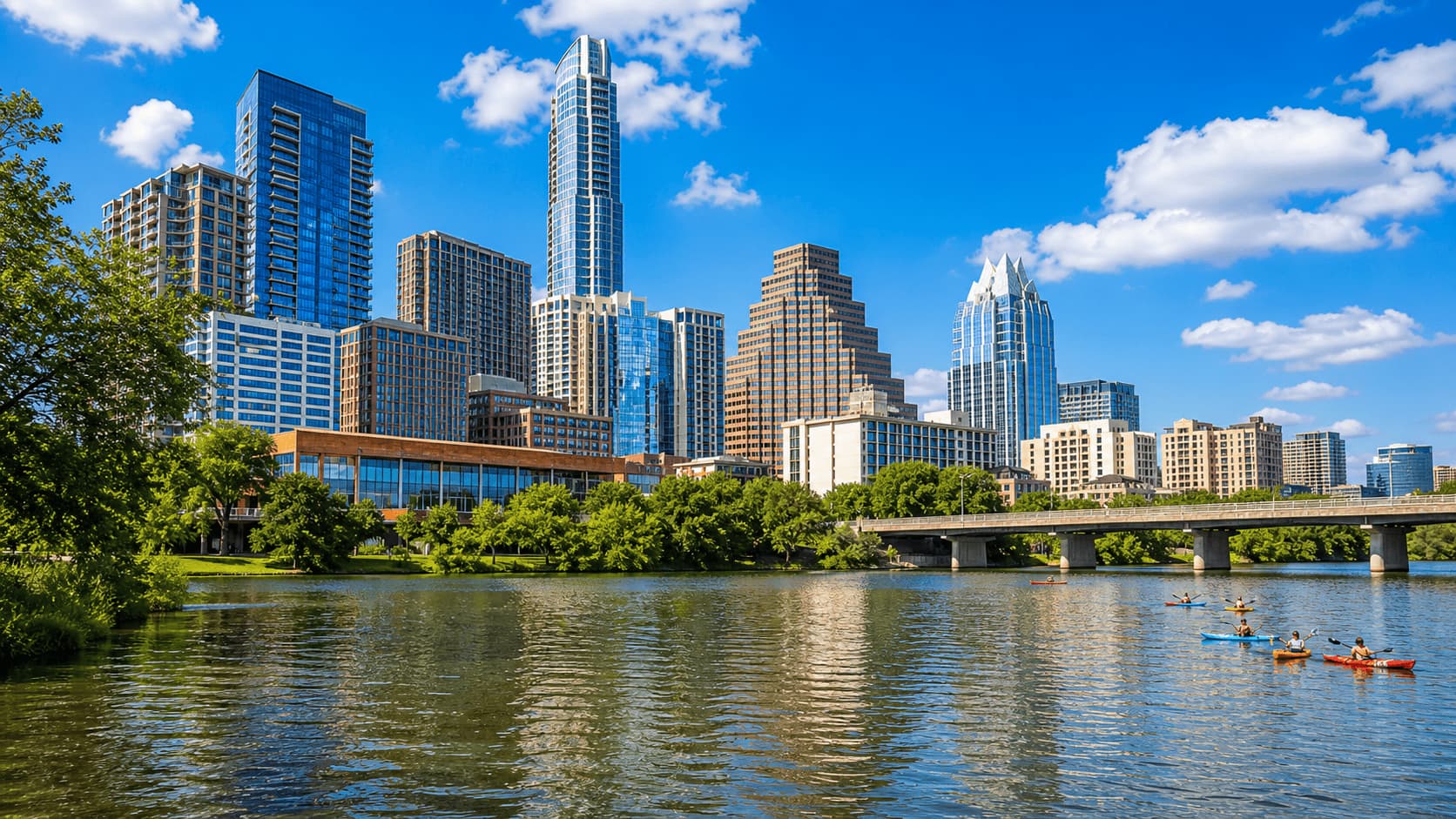 Austin skyline with modern buildings and riverfront in Texas