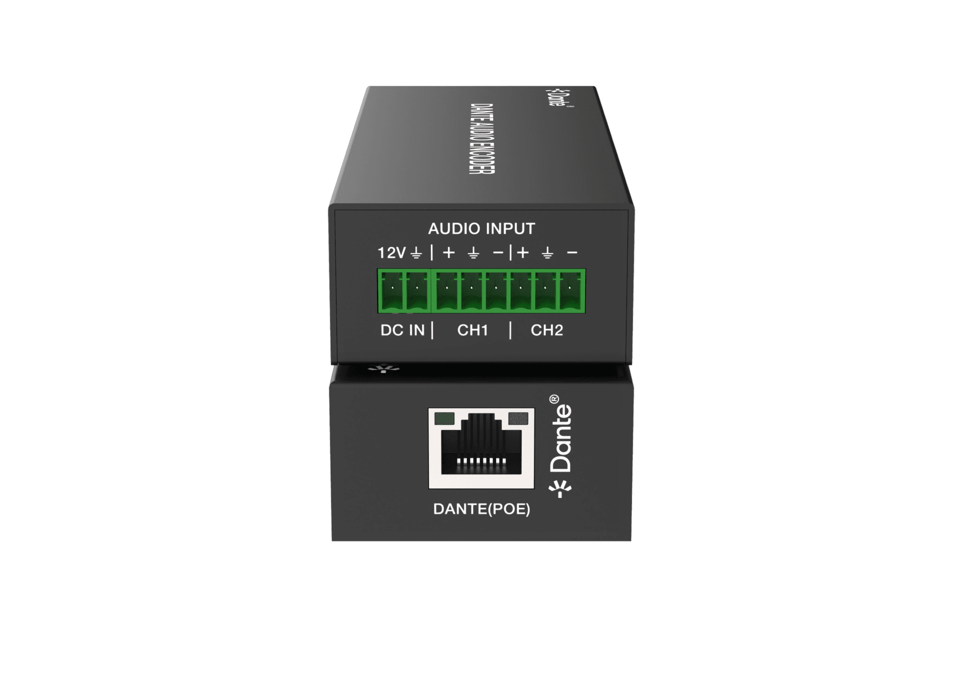 Dante audio encoder with ports labeled DC IN, CH1, CH2, and Dante(POE)