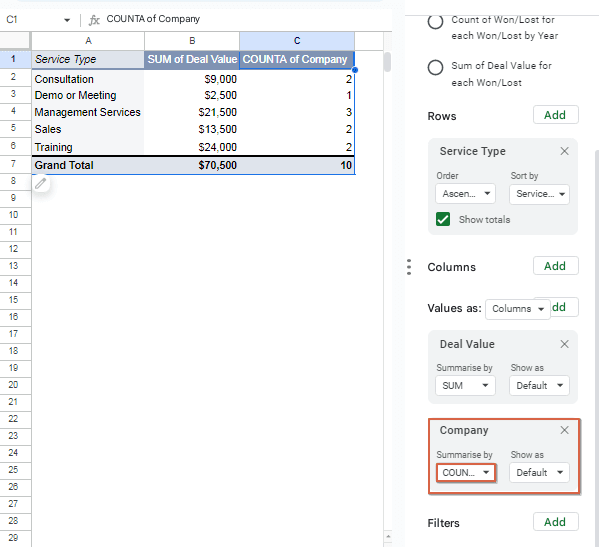 Values: Add "Company" (to count the number of deals) and set it to COUNTA.