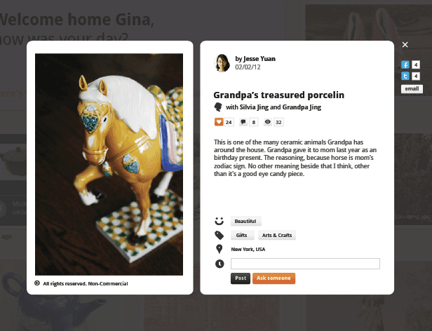 A screenshot shows two images side by side. The left image displays a photograph of a golden horse figurine with a white mane and tail, resting on a patterned base. The right image shows a social media post by Jesse Yuan (02/02/12), titled “Grandpa’s treasured porcelain,” featuring a photograph of a ceramic horse figurine with a white mane and tail. The post includes a 24-star rating and mentions the figurine’s roundness and zodiac sign. The post’s location is listed as New York, USA.