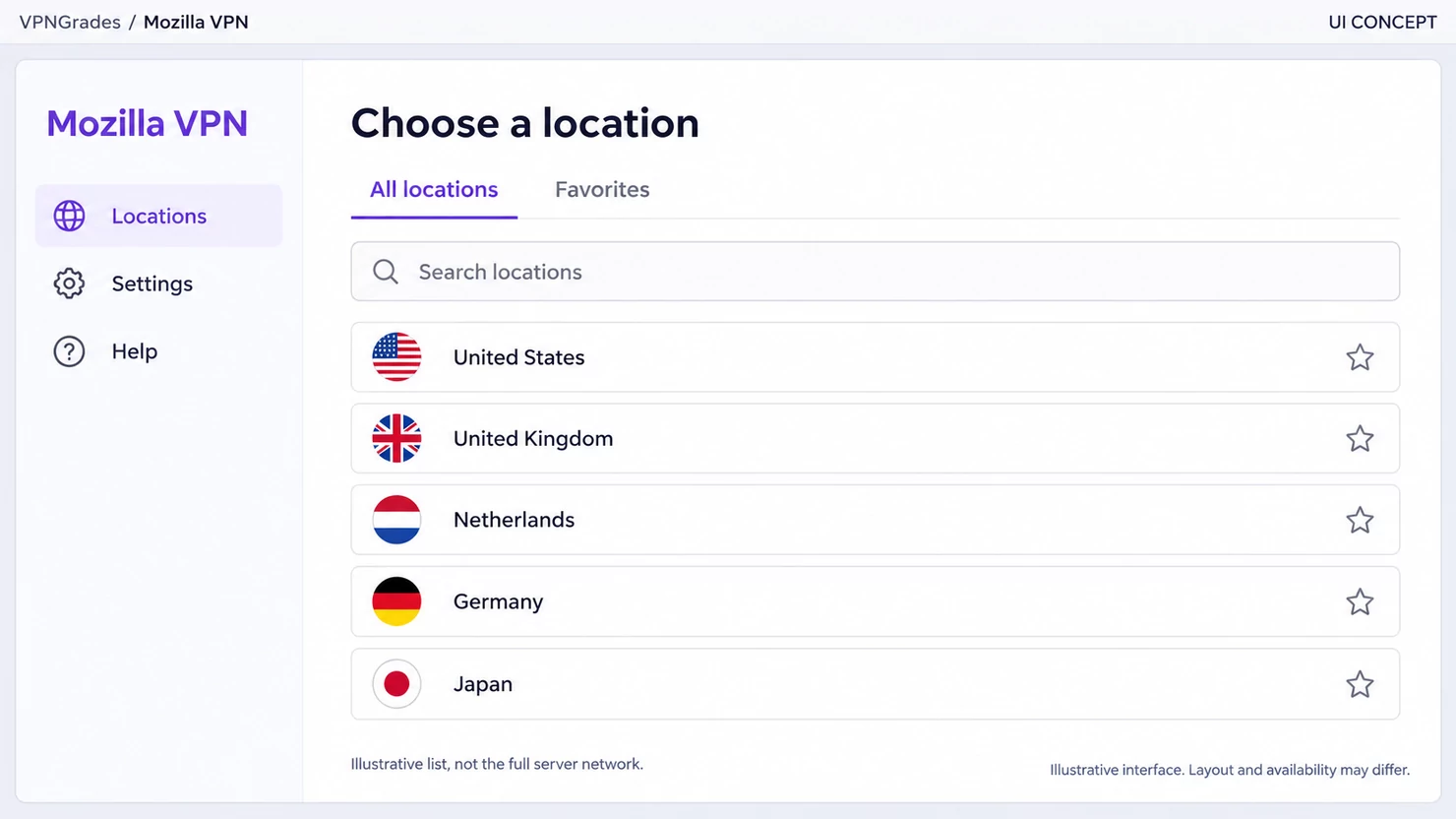 Mozilla VPN: a location picker concept (illustration).