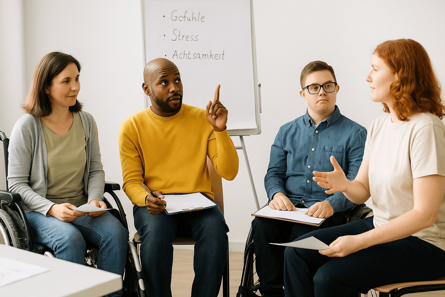 Vier Menschen mit Behinderung sitzen in einem hellen Seminarraum in einer Gesprächsrunde. Eine Frau im Rollstuhl hält ein Blatt Papier, ein Mann in gelbem Pullover hebt den Finger beim Sprechen, ein junger Mann mit Down-Syndrom hört aufmerksam zu, und eine rothaarige Frau gestikuliert beim Reden. Im Hintergrund ein Flipchart mit den Stichwörtern: „Gefühle“, „Stress“, „Achtsamkeit“.