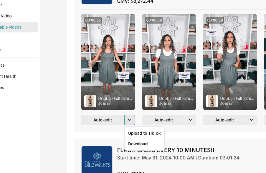 TikTok Seller Center showing options to Upload to TikTok or Download a highlight clip.
