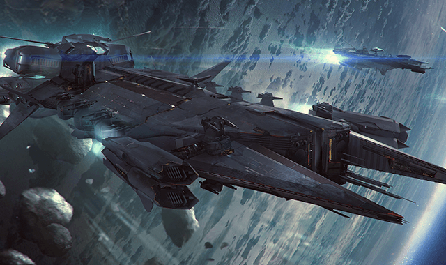 A massive, futuristic spaceship the Javelin with sleek metallic surfaces and intricate designs navigates through an asteroid field in deep space, with a distant planet visible in the background.