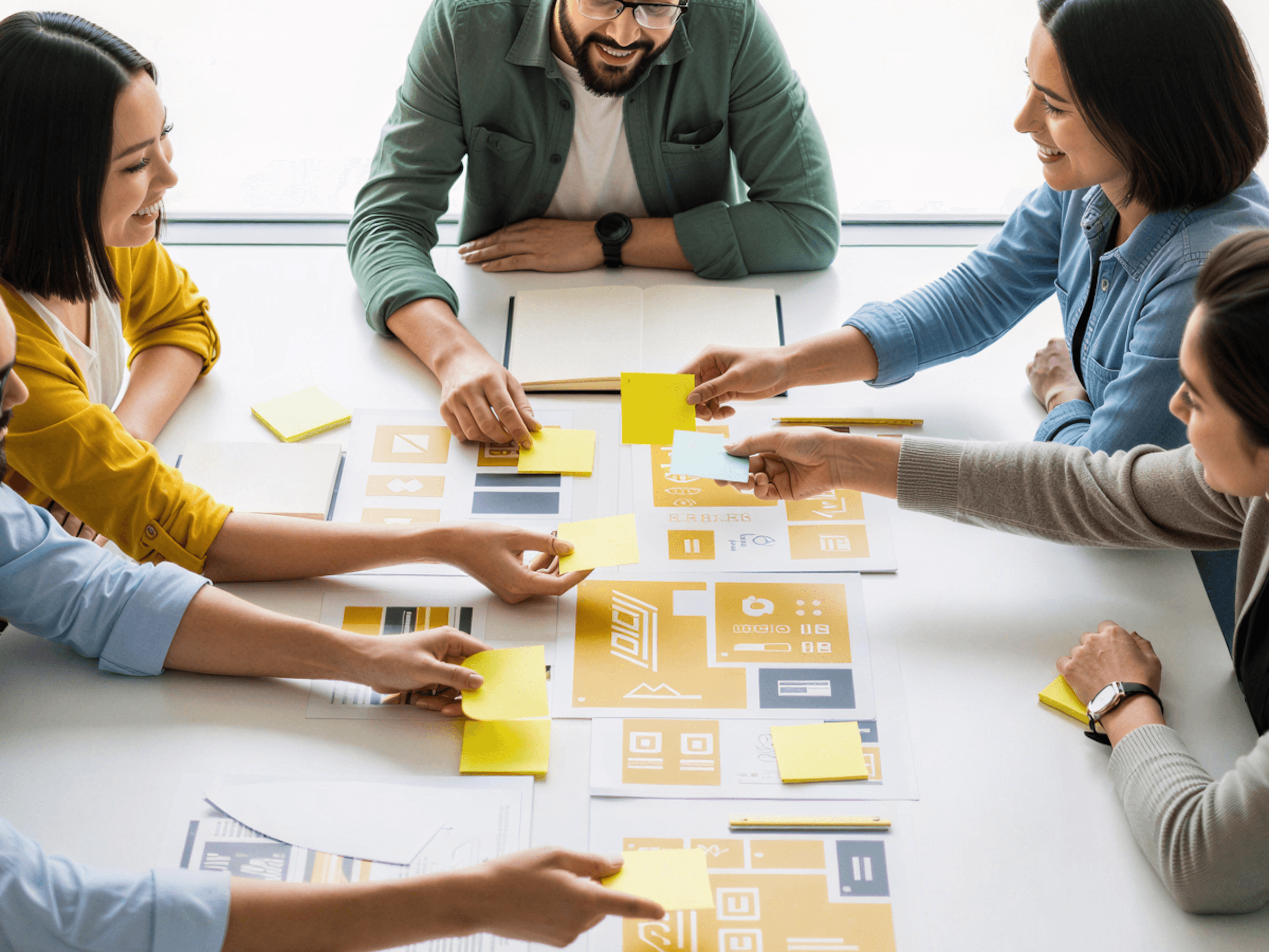 A group of people collaborating around a table covered with sticky notes and papers.