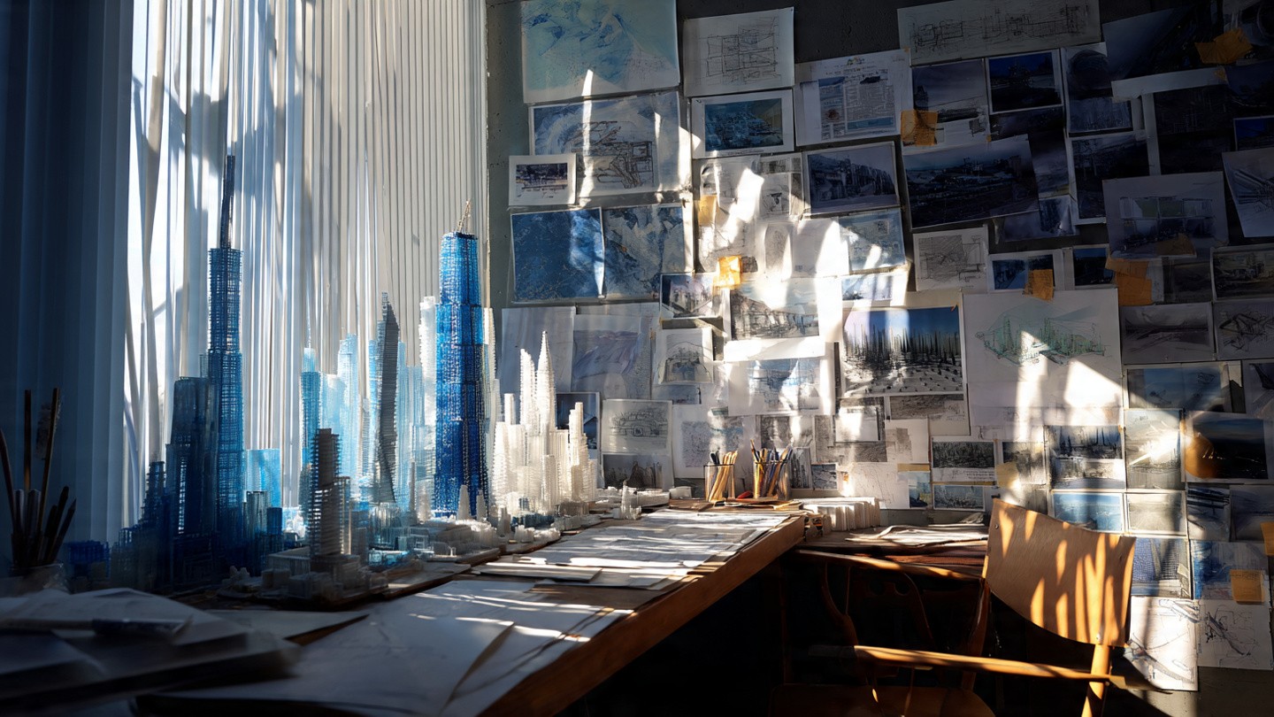 A sunlit architectural studio with a table holding intricate blue and white skyscraper models. Walls are covered in sketches and photos, creating a creative and busy atmosphere.