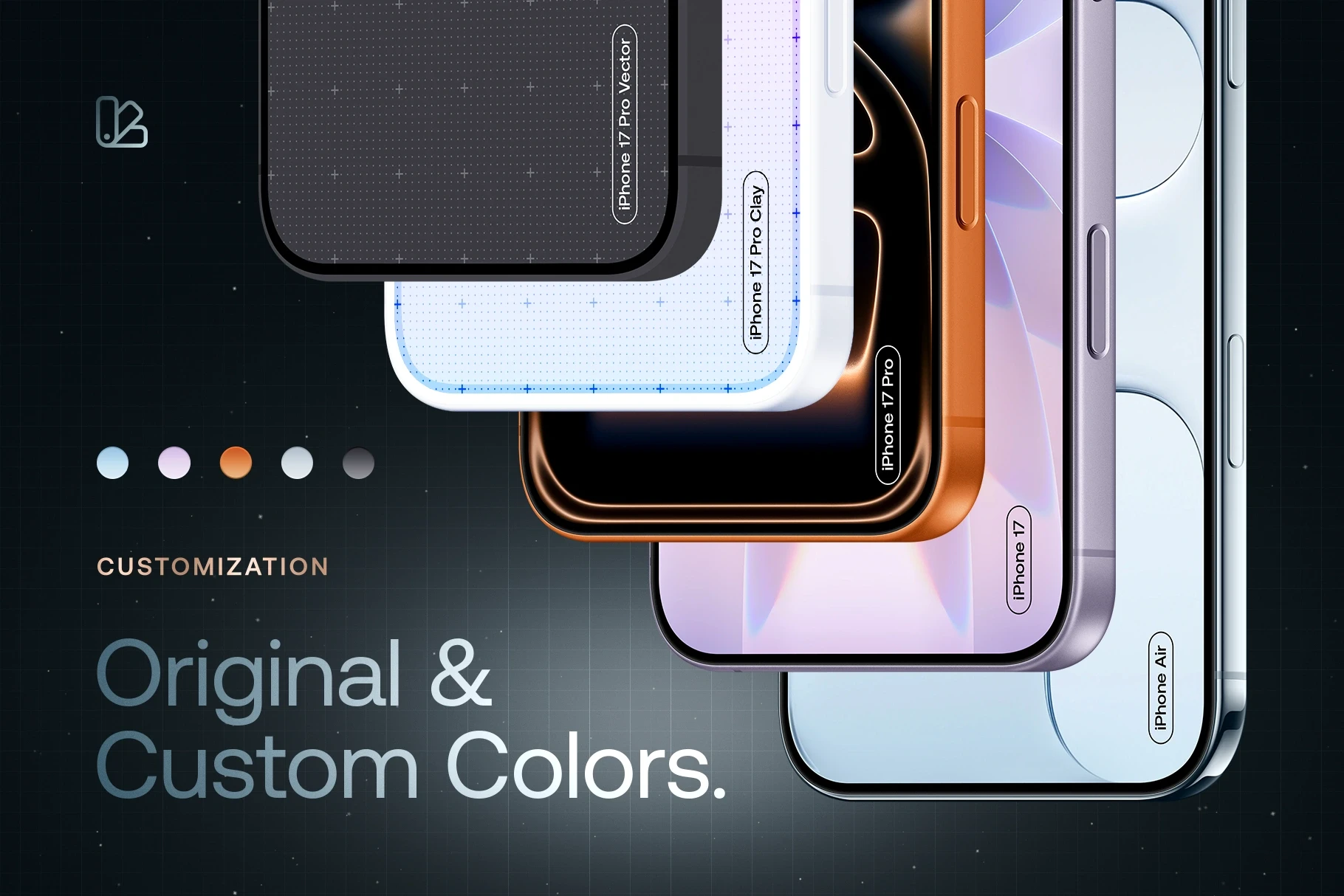 iPhone 17 mockups with original finishes and fully customizable color variations.