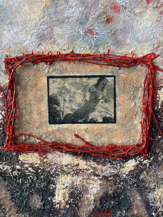Gaza, 2024. Mixed media on jute. by Barbara Walker.
