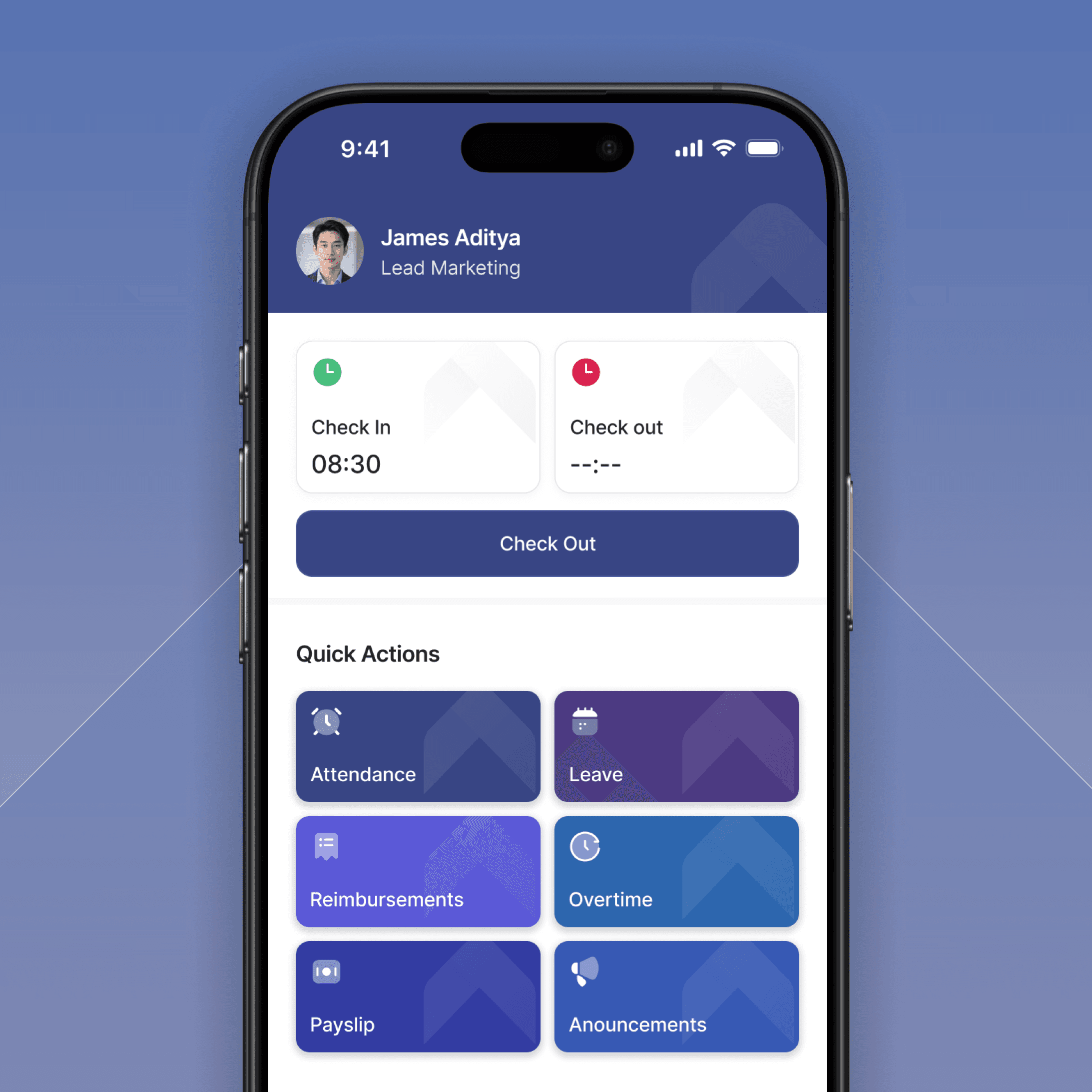 Fitur absensi online Absenly dengan selfie dan GPS untuk verifikasi lokasi serta waktu kehadiran real-time.