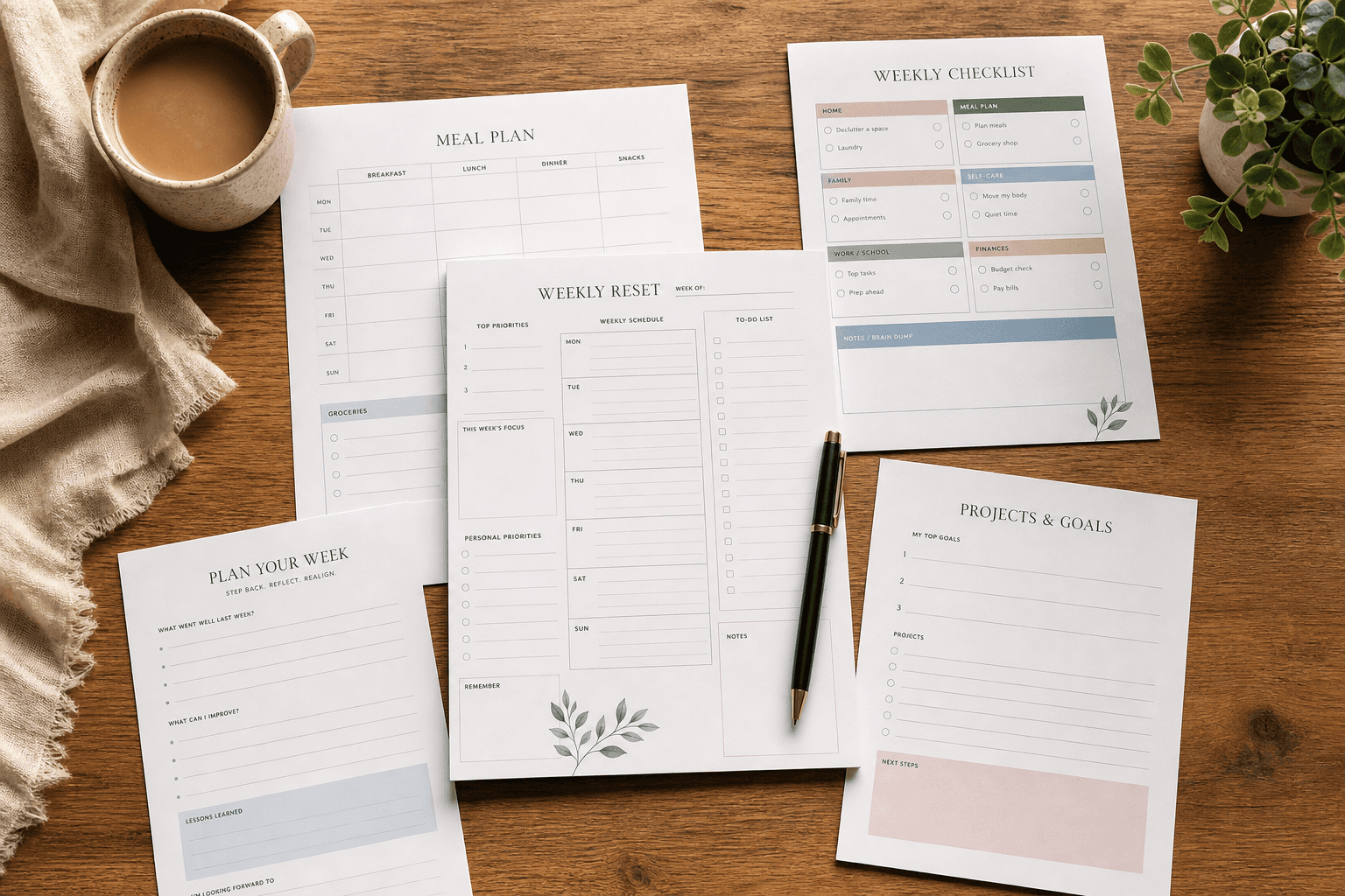 Weekly reset planner and coffee on a desk
