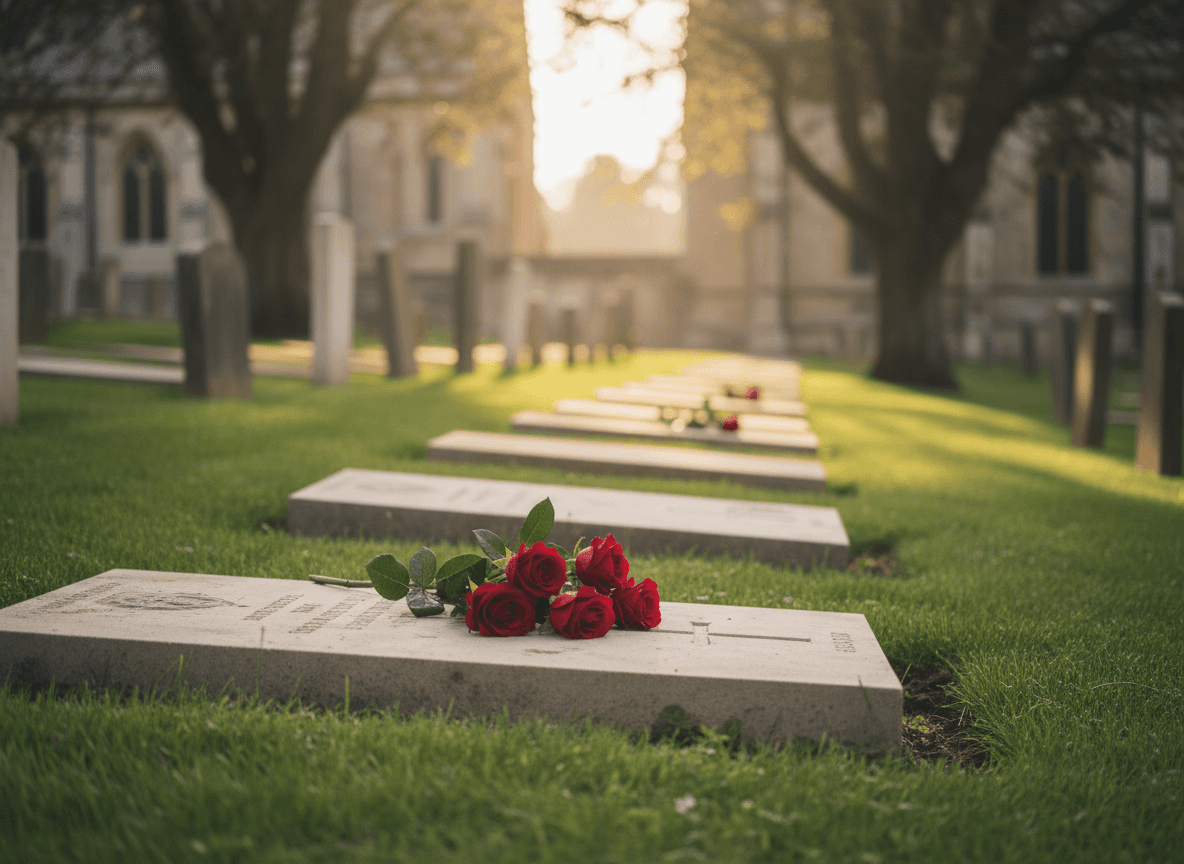 Roses placed on a gravestone in a cemetery, with a serene, sunlit atmosphere.