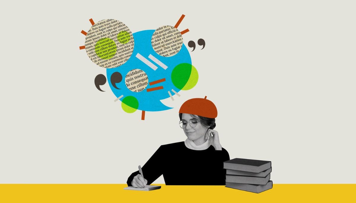 Stylized collage of person writing in notebook with books and colorful speech bubbles, symbolizing hard work pays off quotes and motivational phrases.
