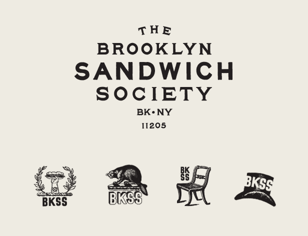 A screenshot of the Brooklyn Sandwich Society's website welcomes visitors to their new farm-to-table sandwich shop in Fort Greene, showcasing various illustrations and information about their seasonal offerings and community engagement.