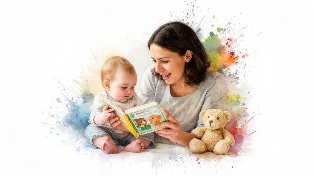 Smiling mother reads a colorful book to her baby, surrounded by watercolor splashes.