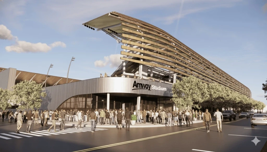 Artist's rendering of a modern stadium, showcasing its sleek design and surrounding landscape.