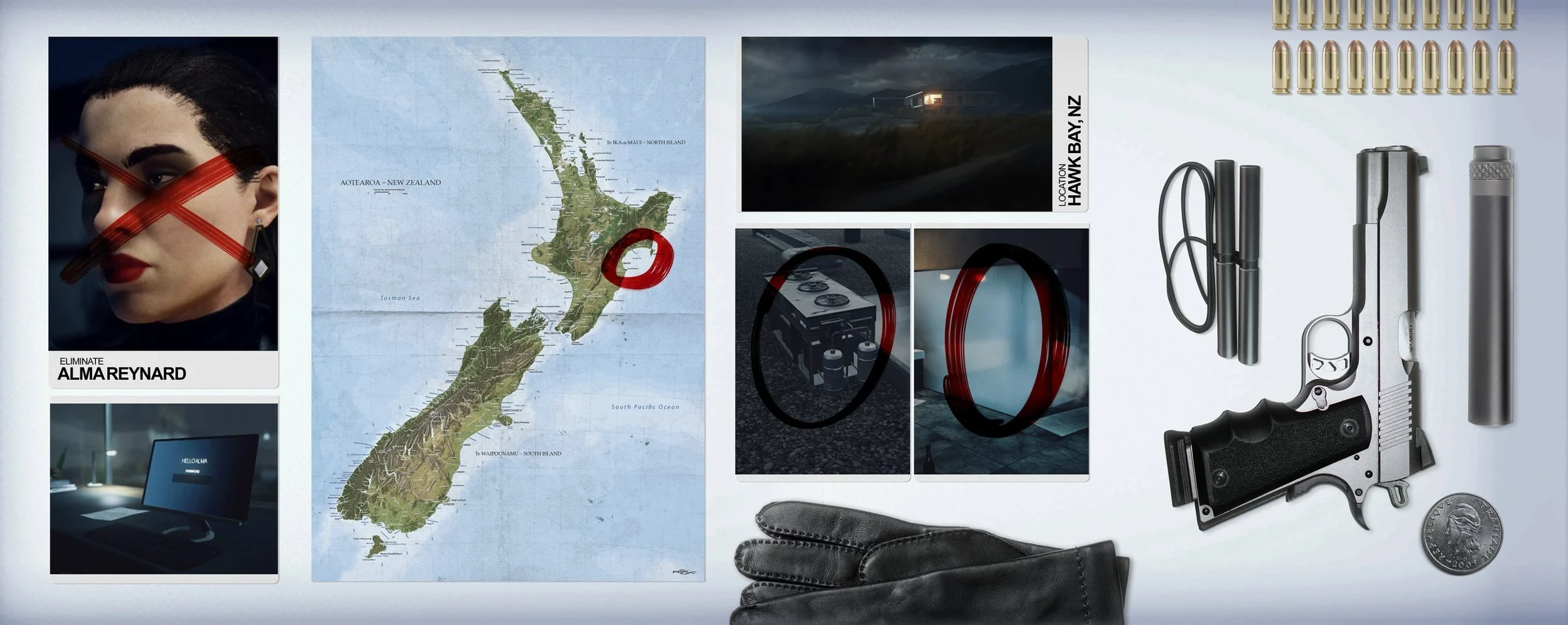 Hitman 2 ICA dossier and mission equipment laid out for a briefing