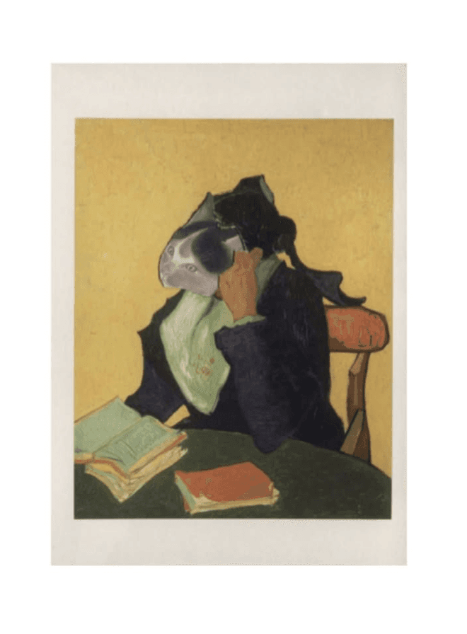 Collage of woman thinking with cat face