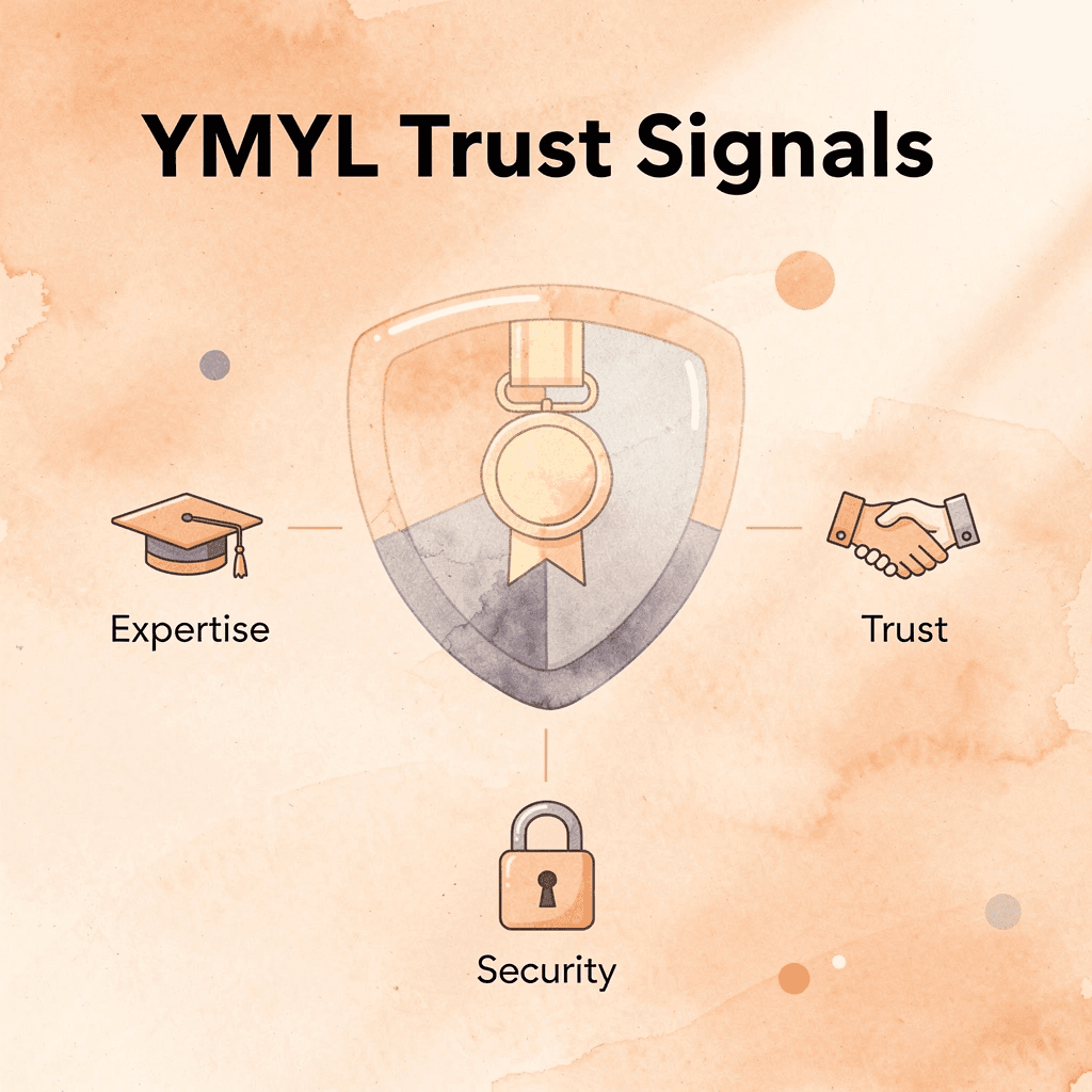 Shield diagram showing YMYL trust signals including authority, expertise, trust, and security