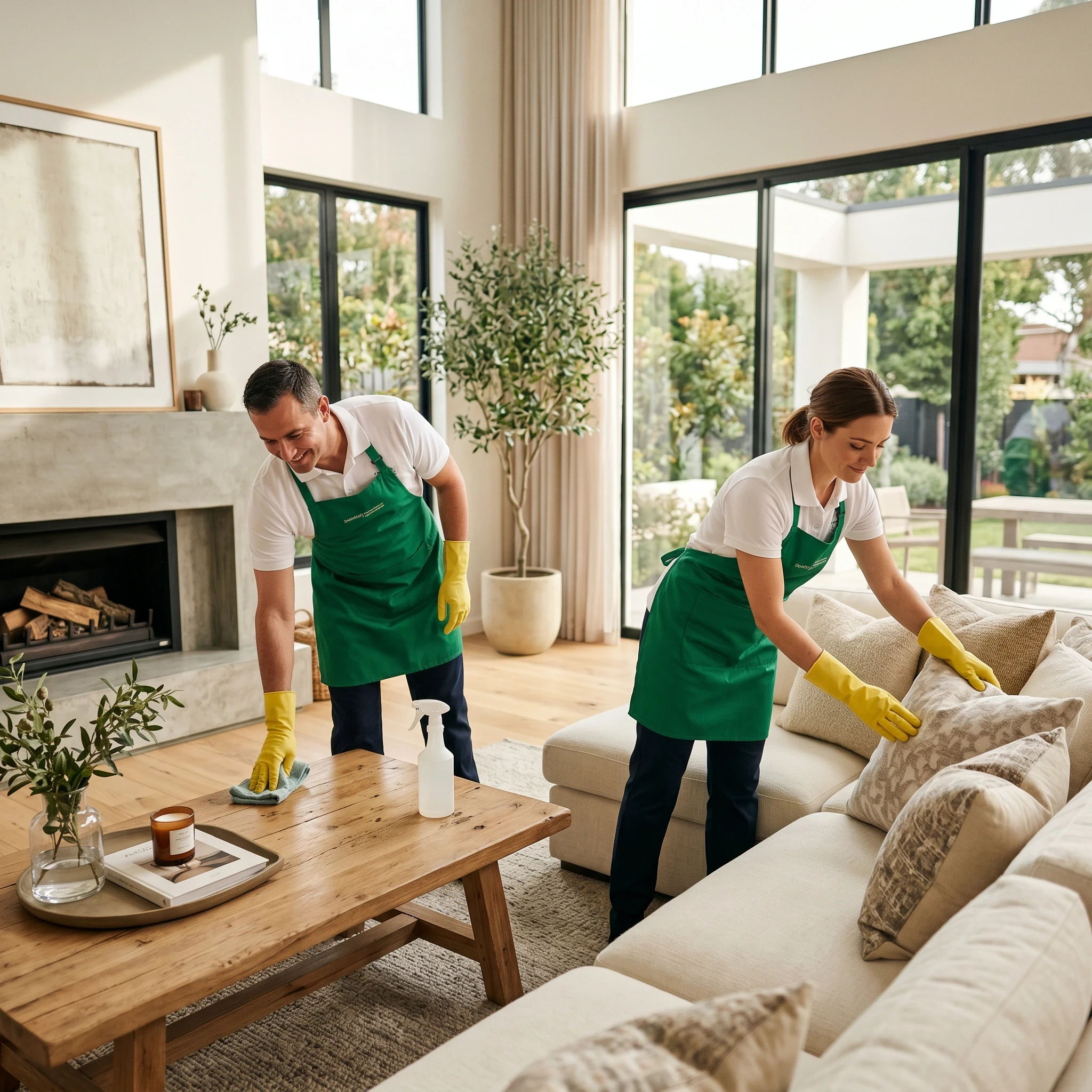 Two cleaners dusting furniture in a bright, modern living room.