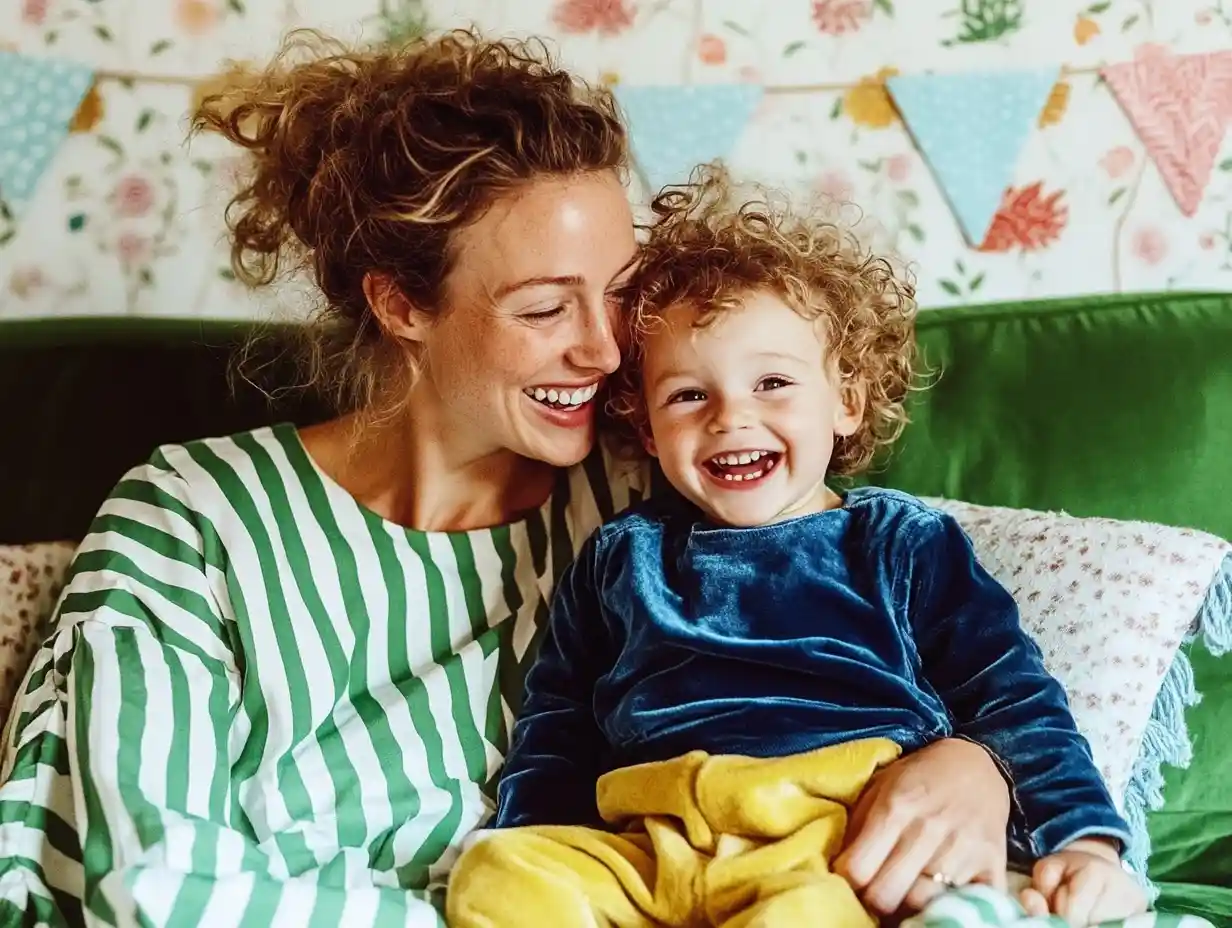 A joyful nanny and child laughing together on a colorful couch, showcasing the flexibility and connection part-time care provides.