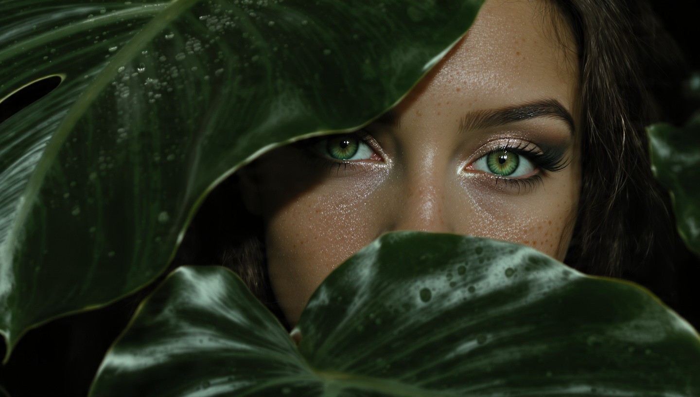 Mysterious portrait of a woman with bright green eyes and long dark lashes, her face emerging from behind wet green tropical leaves covered in tiny water beads, soft dramatic lighting highlighting her freckles.
