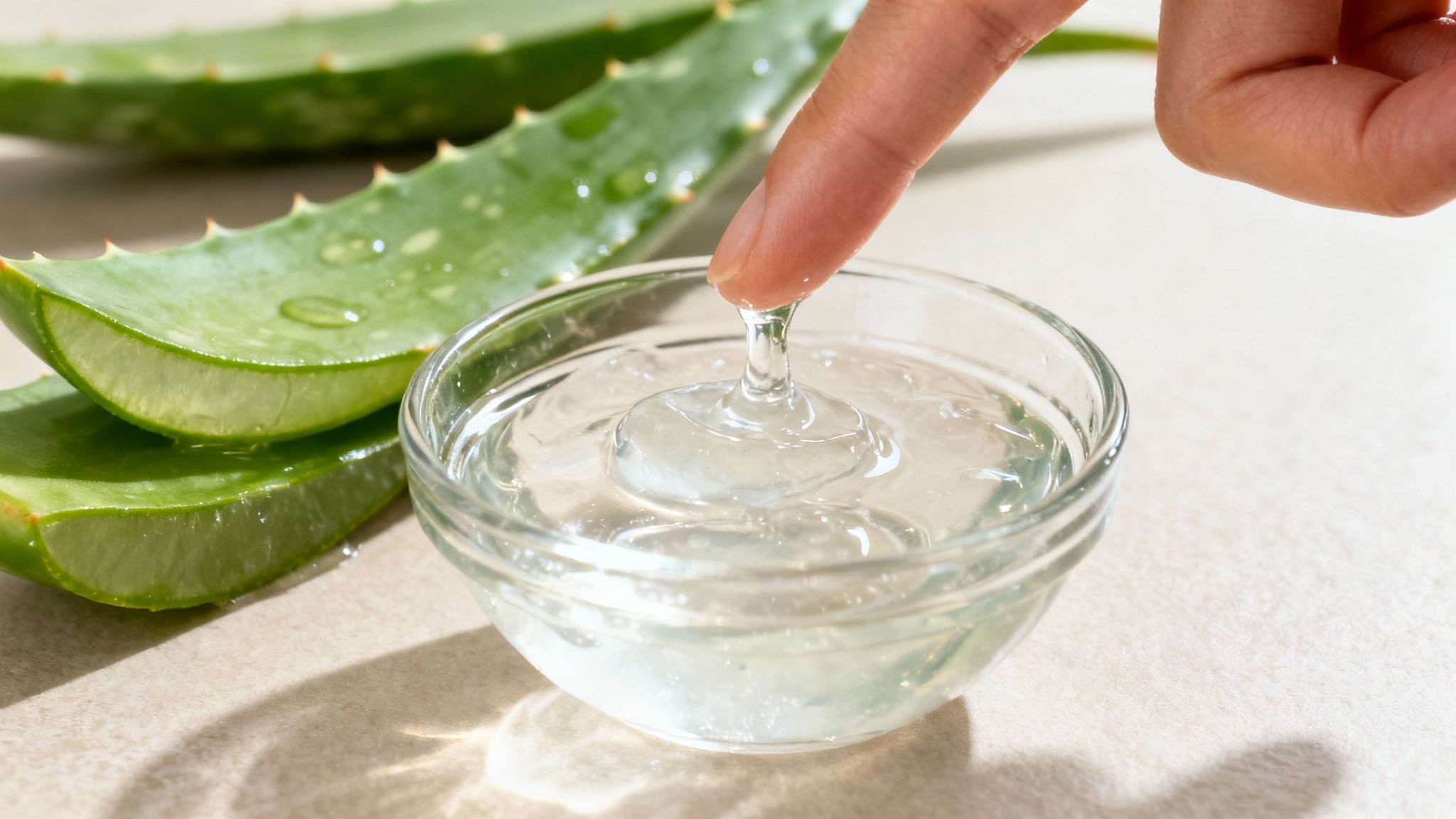 A finger touching clear aloe vera gel in a small glass bowl, with fresh aloe leaves nearby.
